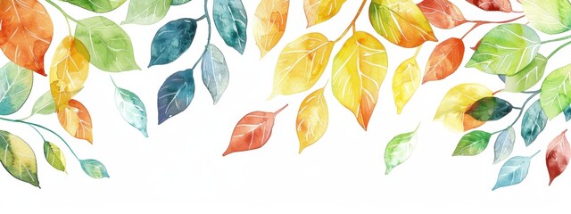 Wall Mural - Watercolor-style background with autumn leaves on a white background The design features various shades of green, orange, red, yellow, blue, and purple leaves Generative AI