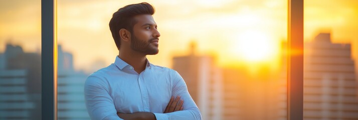 Wall Mural - A man in a white shirt is standing in front of a window, looking out at the city skyline. The sun is setting, casting a warm glow over the buildings. The man is lost in thought