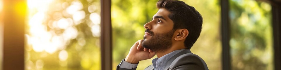 Sticker - A man is talking on his cell phone while sitting in a room with a view of trees. Concept of solitude and contemplation, as the man is focused on his conversation