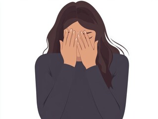 A lady covering her face with one hand, tears visible, strong and vulnerable, flat vector style, isolated on white background