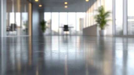 Modern Office Corridor: A sleek and minimalist hallway in a contemporary office building, showcasing polished concrete floors, large windows, and a minimalist design aesthetic