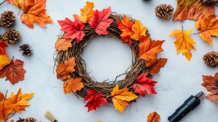 Poster - A decorative wreath made of twigs and vibrant autumn leaves surrounded by pine cones and craft tools.