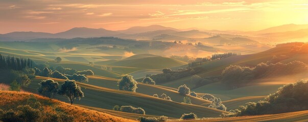 Sticker - Rolling hills and farmland at sunrise, 4K hyperrealistic photo