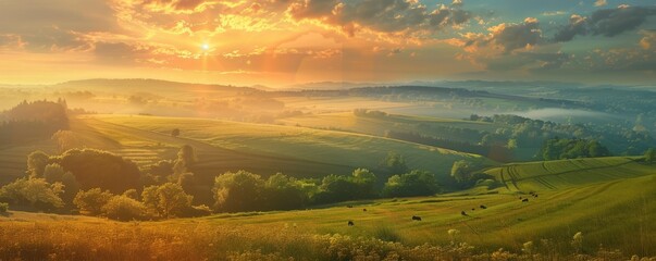 Wall Mural - Rolling hills and farmland at sunrise, 4K hyperrealistic photo