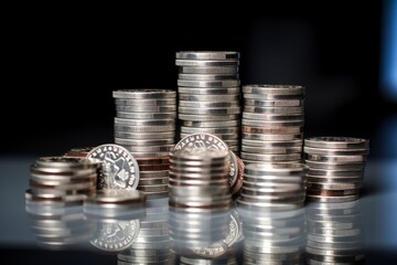 A collection of stacked coins arranged in various heights on a reflective surface.