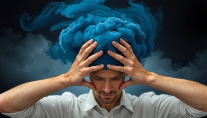 Person with hands to head dark blue cloud swirling around isolated on black