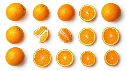 A collection of whole and sliced oranges arranged artistically.