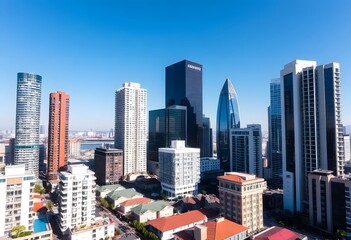  A cityscape with tall modern skyscrapers and buildings against a clear blue sky
