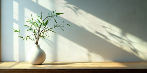 Canvas Print - Green Plant in a White Vase on a Wooden Shelf Against a White Wall