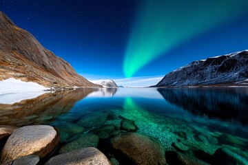 Poster - A vibrant green aurora borealis reflected in a still, clear lake surrounded by snow-capped mountains.