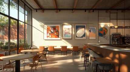 Poster - A bright and inviting cafe features contemporary art on display, wooden tables, and stylish chairs, illuminated by natural light.