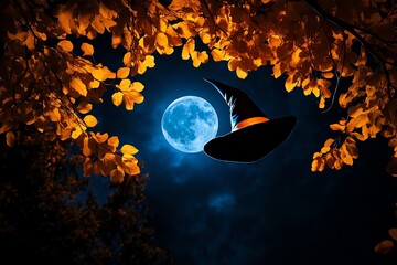 Wall Mural - A witch hat hangs among autumn leaves under a bright full moon, creating a magical and spooky atmosphere.