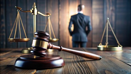 stern-looking judge's gavel rests on a cluttered desk beside a law book, scales of justice, and a fa