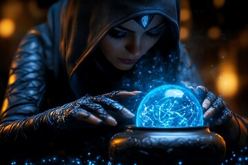 Aufkleber - A woman in a dark hooded cloak gazes intently at a glowing crystal ball, her face illuminated by its ethereal light.