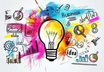 Wall Mural - creative lightbulb with colorful business and technology sketches on white background. symbol of inn