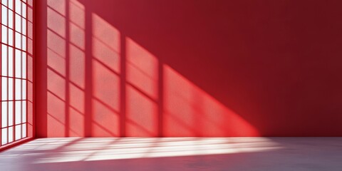 Poster - A bold red wall enhances the space, casting shadows that create a dynamic atmosphere in a minimalistic setting