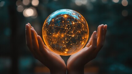 Poster - Pair of hands holding a transparent globe with digital connections and nodes superimposed over it, representing a network, global communication