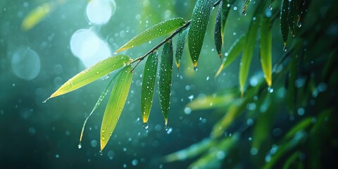 Wall Mural - Dew Drops on Green Bamboo Leaves in the Rain