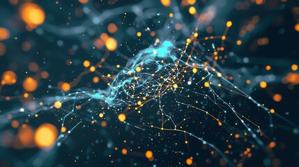 Fototapete - Abstract illustration of interconnected particles with glowing elements in a dark background, evoking technology and innovation.