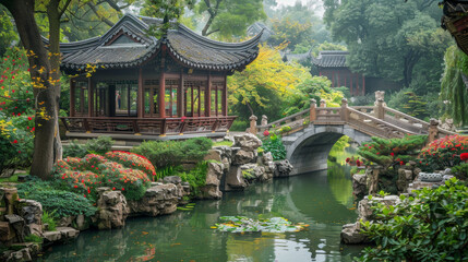 Wall Mural - A beautiful garden with a bridge and a pavilion