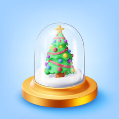 Wall Mural - 3D glass christmas snow globe with tree isolated. Render spere podium with fir tree. Happy new year decoration. Merry christmas holiday. New year xmas celebration. Realistic vector illustration