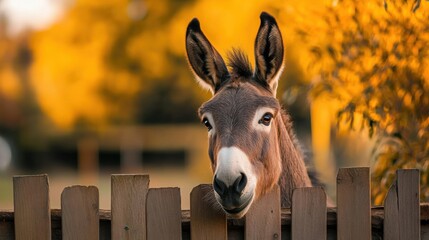 Sticker - A donkey looking over a wooden fence with yellow leaves, AI