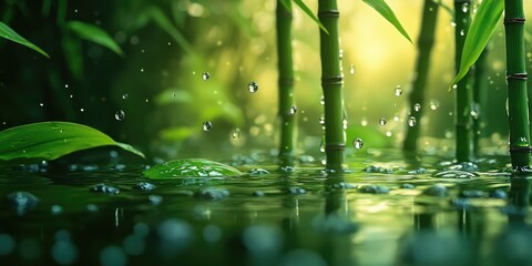 Wall Mural - Water Droplets Falling onto a Still Pond in a Bamboo Forest