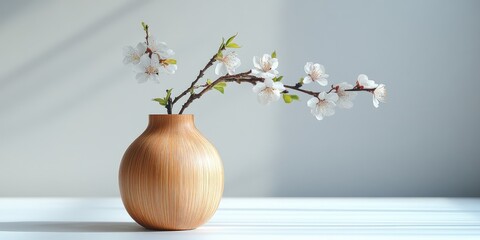 Canvas Print - White Blossoms in a Wooden Vase on a White Surface