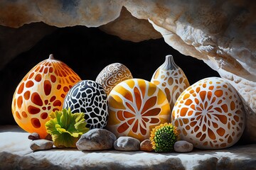 Poster - Colorful glass eggs and stones arranged in a cave setting, creating a whimsical and abstract composition.