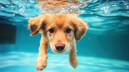 Poster - A dog swimming in a pool under water with its head above the surface, AI