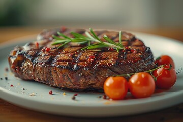 Wall Mural - Grilled steak with cherry tomatoes and herbs on a wooden table