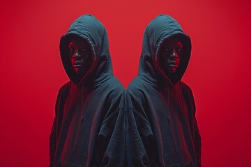 Two individuals in hooded sweatshirts pose against a red background in a dimly lit setting