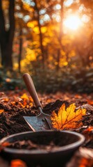 Sticker - A shovel and rake in the ground with a leaf on it, AI