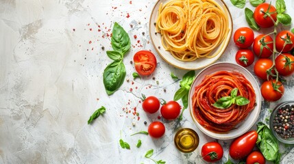 Wall Mural - Classic Italian Spaghetti Pasta with Tomato Sauce, Fresh Tomatoes, Herbs and Spices, Top View