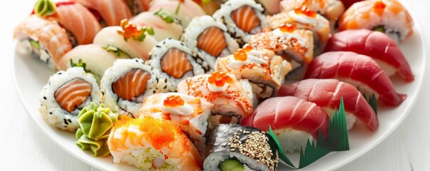 Wall Mural - Plate of assorted sushi rolls on white background, 4K hyperrealistic photo