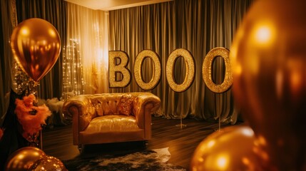 Poster - A room with gold balloons and a chair decorated for the holiday, AI