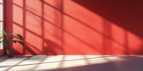 Poster - This is a modern and minimalistic space that features a strikingly vibrant red wall along with dynamic shadows