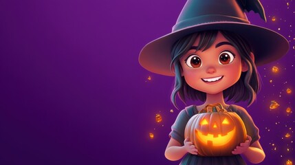 Sticker - A cartoon girl in a witch costume holding up an orange pumpkin, AI