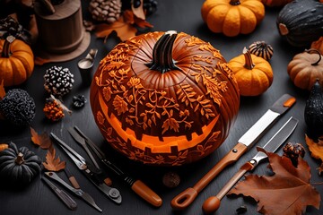 Aufkleber - Intricately carved jack-o-lantern with glowing eyes, surrounded by fall leaves, pumpkins, and carving tools.