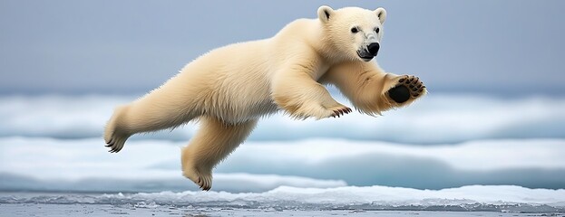 Wall Mural - A playful polar bear cub leaps over a snowdrift in the Arctic.