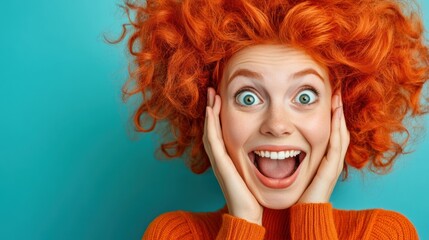 Wall Mural - A woman with red hair and orange sweater making a funny face, AI