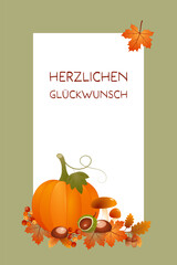 Canvas Print - Herzlichen Glückwunsch - Schriftzug in deutscher Sprache. Herbstliche Karte mit einem Kürbis, Blättern und Beeren auf einem grünen Rahmen.