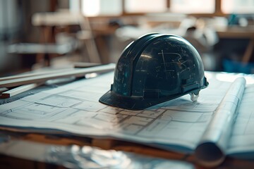 Wall Mural - A construction helmet rests on blueprints in a workspace, emphasizing safety and planning.