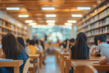 Blur background of diverse student sitting at modern library while studying together. with generative ai