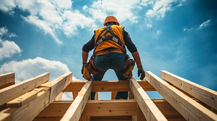 Wall Mural - A construction worker on a wooden framework under a blue sky.