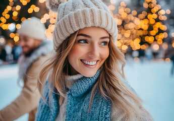 Smiling young woman skating on ice rink sharing with her partner. Concept: winter sport
