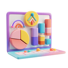 Wall Mural - 3D icon of a colorful laptop with business analysis, white isolated background for clipping