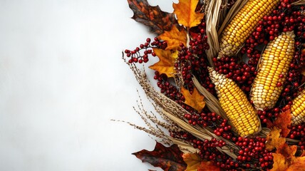 Wall Mural - A rustic Thanksgiving wreath made of dried corn, autumn leaves, and red berries, symbolizing the harvest season..