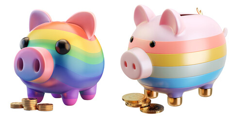Wall Mural - 3d icon of a colorful piggy bank with coins, white isolated background for clipping