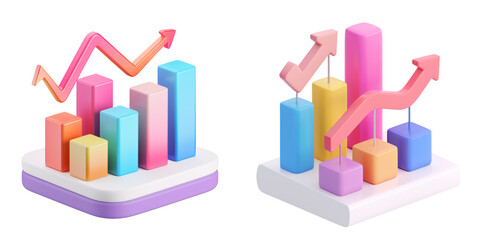 Wall Mural - 3D icon of a colorful bar chart with upward arrows, white isolated background for clipping